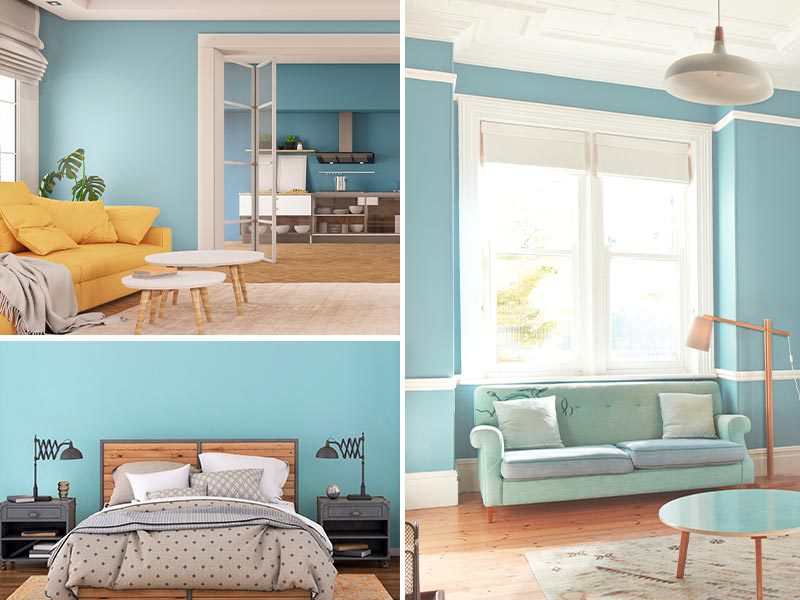 Collage of two living rooms and a bedroom painted Aquamarine