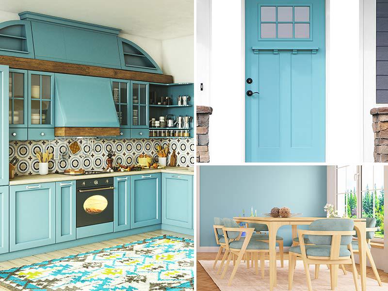 Aquamarine painted kitchen cabinets, front door painted aquamarine
