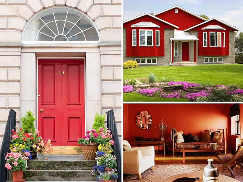 Collage of Garnet painted front door, exterior and living room