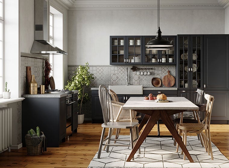 Modern country kitchen with black kitchen cabinets