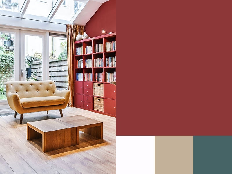 Deep red color swatch collage, modern chic study room with deep red walls