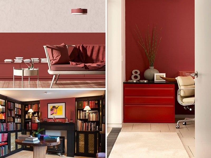 Collage of multiple rooms with deep red painted walls