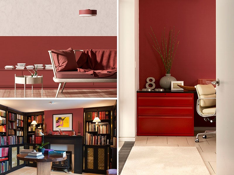 Deep red painted walls collage Collage of multiple rooms with deep red painted walls