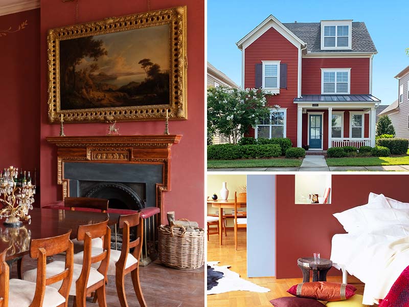 Deep red paint color collage, living room, bed room, and exterior home