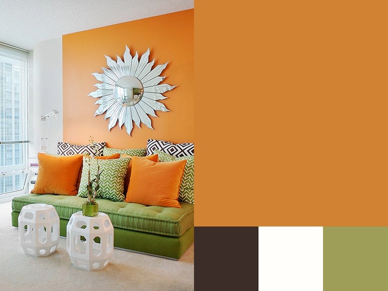 "Amber paint color swatch" "Amber swatch with Amber painted living room"