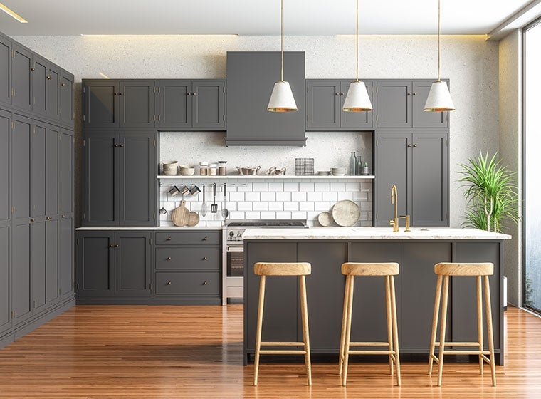 Urban kitchen, grey cabinets with wooden flooring