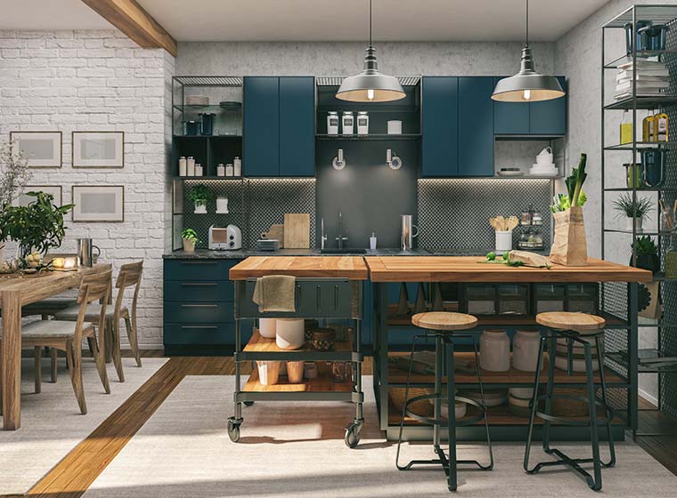 chic farmhouse kitchen with navy blue kitchen cabinets