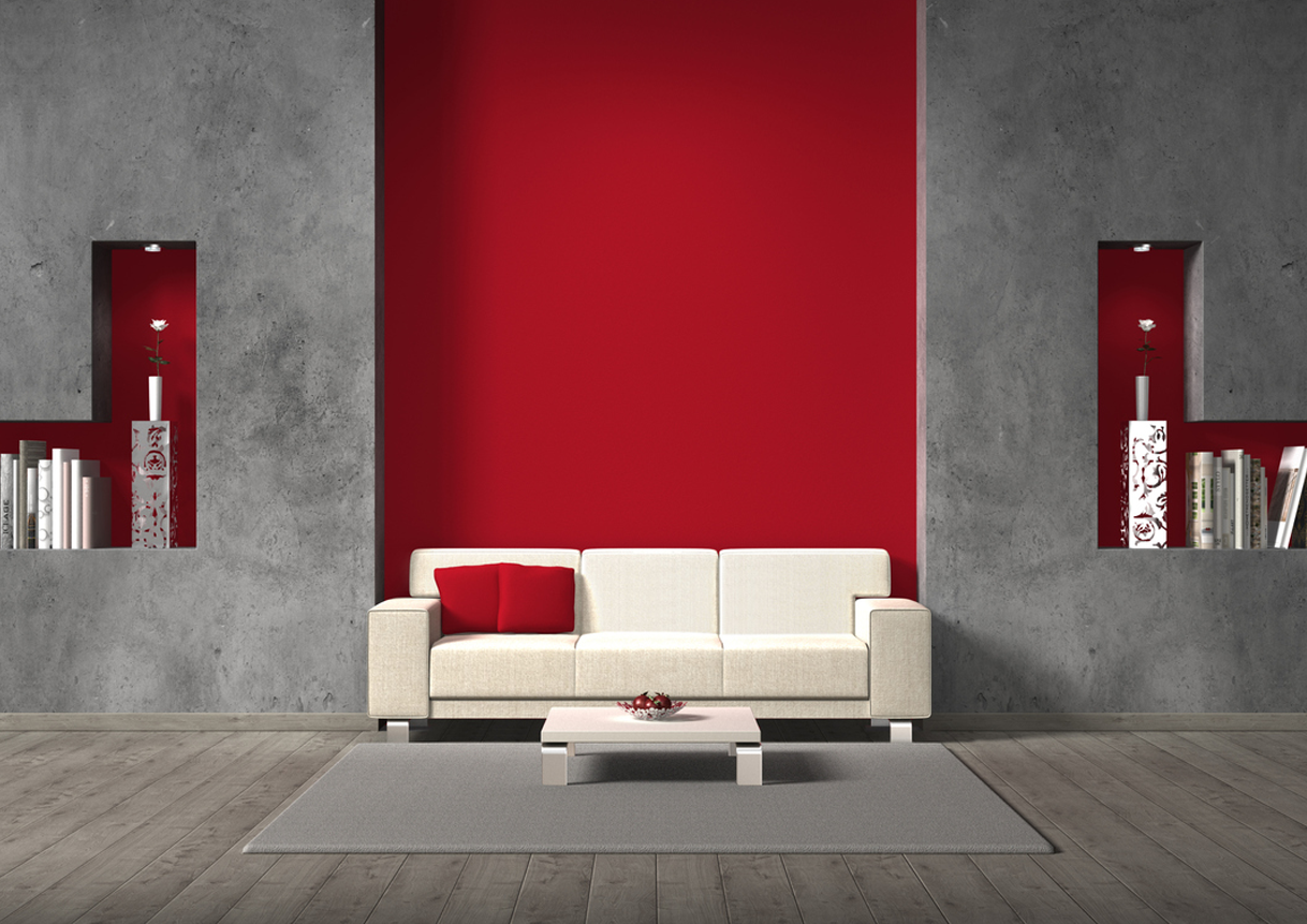 Dark gray room with red accent wall 