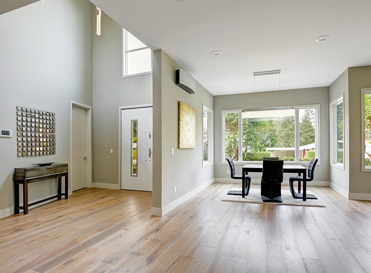 grey interior walls Open concept home with subtle grey interior walls