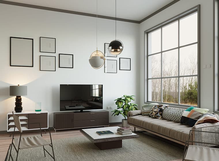 Modern living room with with large windows and brown trim