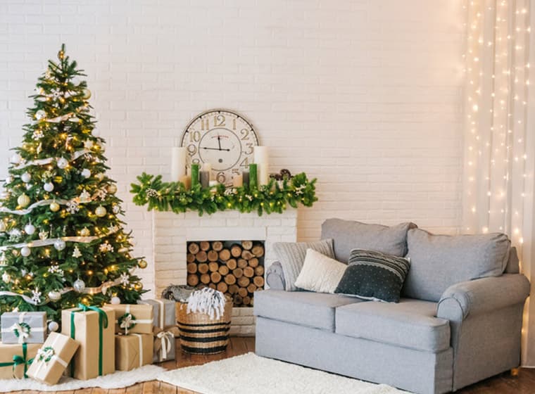 Holiday living room white brick fireplace