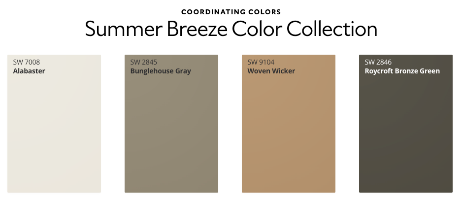 A Sherwin-Williams Summer Breeze Color Collection palette chart showing four swatches: Alabaster SW 7008, Bunglehouse Gray SW 2845, Woven Wicker SW 9104, and Roycroft Bronze Green SW 2846.