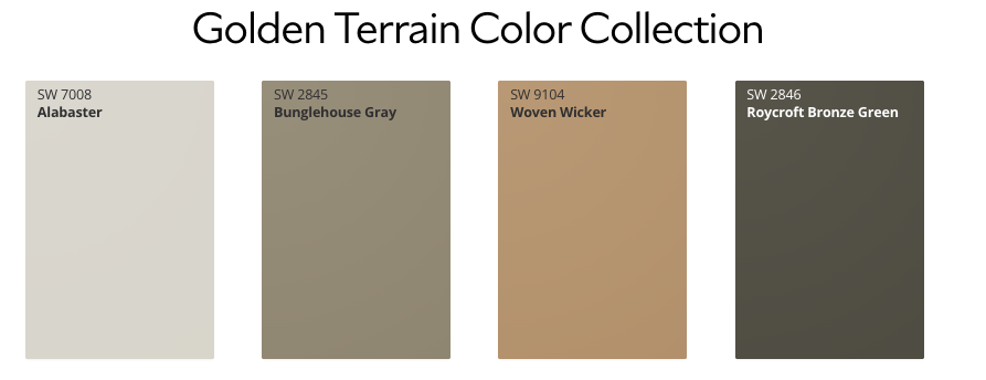 A paint color palette chart titled "Golden Terrain Color Collection" displaying four swatches: Alabaster, Bunglehouse Gray, Woven Wicker, and Roycroft Bronze Green.